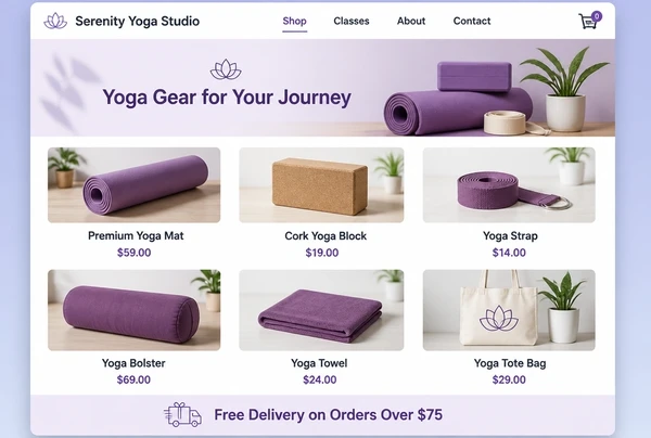 A yoga studio online shop page showing six products with photographs and prices