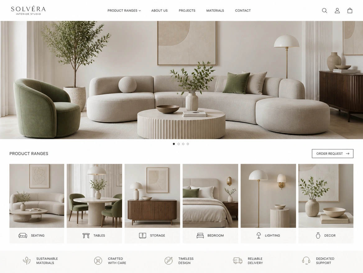 An interior studio website with product ranges and an order request button