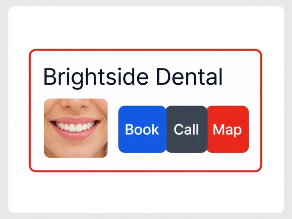 Brightside Dental's phone screen squeezes a smile photo above overlapping Book, Call, and Map buttons.