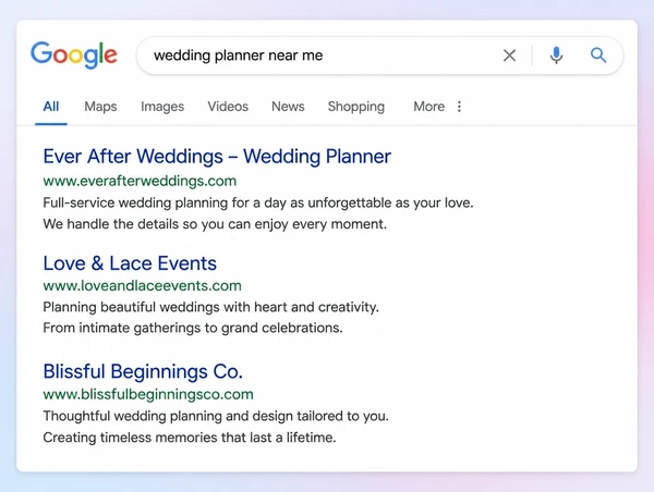 A Google results page where the first of three results is a wedding planner website
