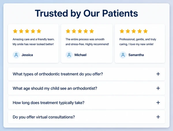 A orthodontic practice website section showing three customer reviews above a list of four questions