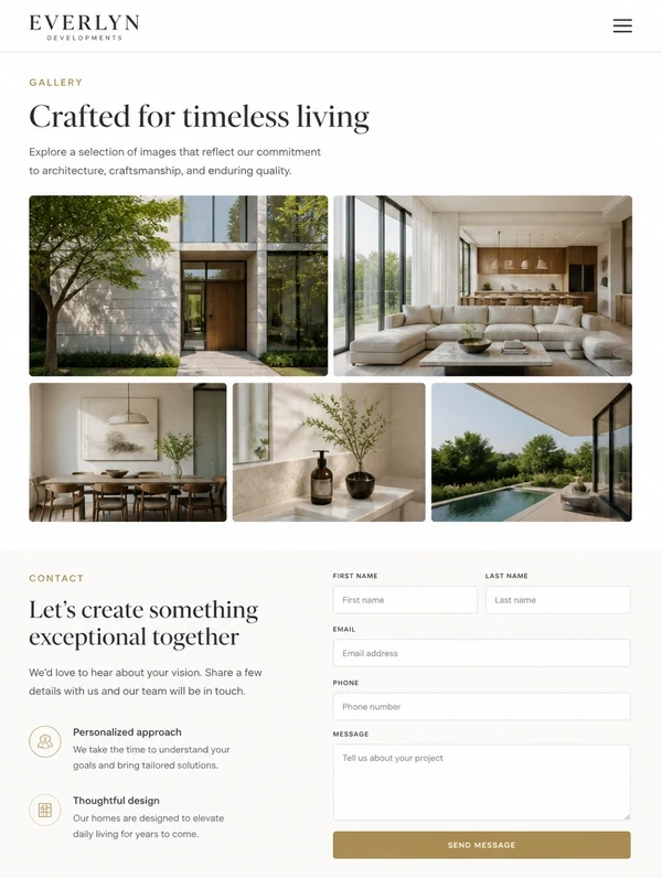 A property developer website with a project gallery and contact form