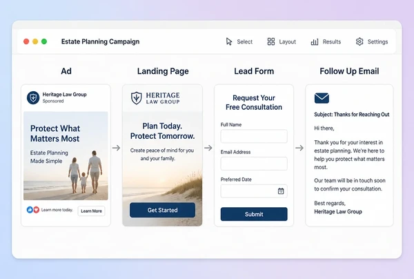 A four step law practice campaign path from advert to page to form to follow up email