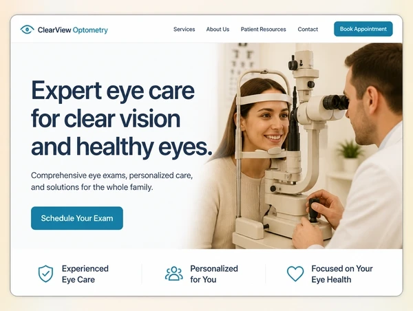 The top of a optometry practice home page with a clear headline, one photograph and one button