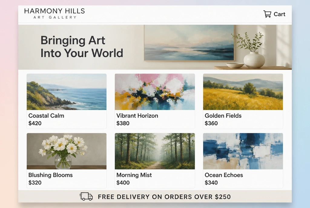 A art gallery online shop page showing six products with photographs and prices