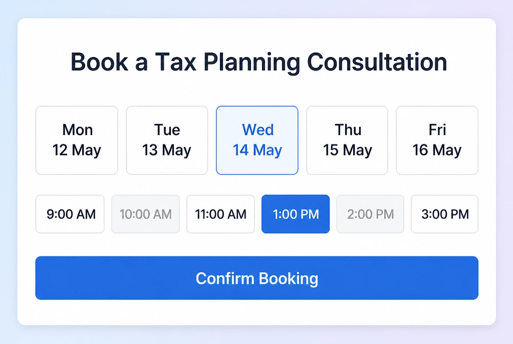 A booking screen on a accountancy practice website with days, time slots and a confirm button