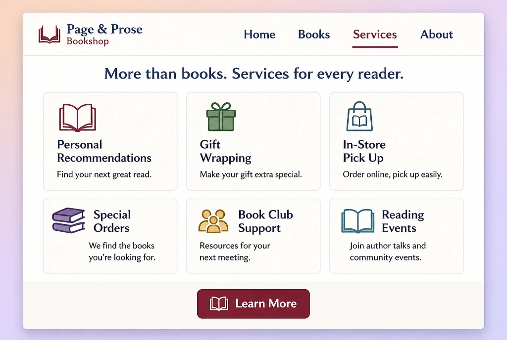 A bookshop website services page showing six service cards in a grid