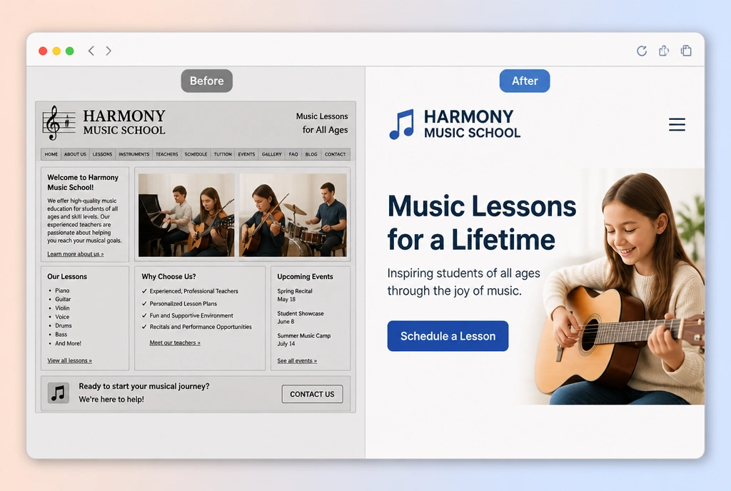 An old music school home page beside its rebuilt version, labelled before and after