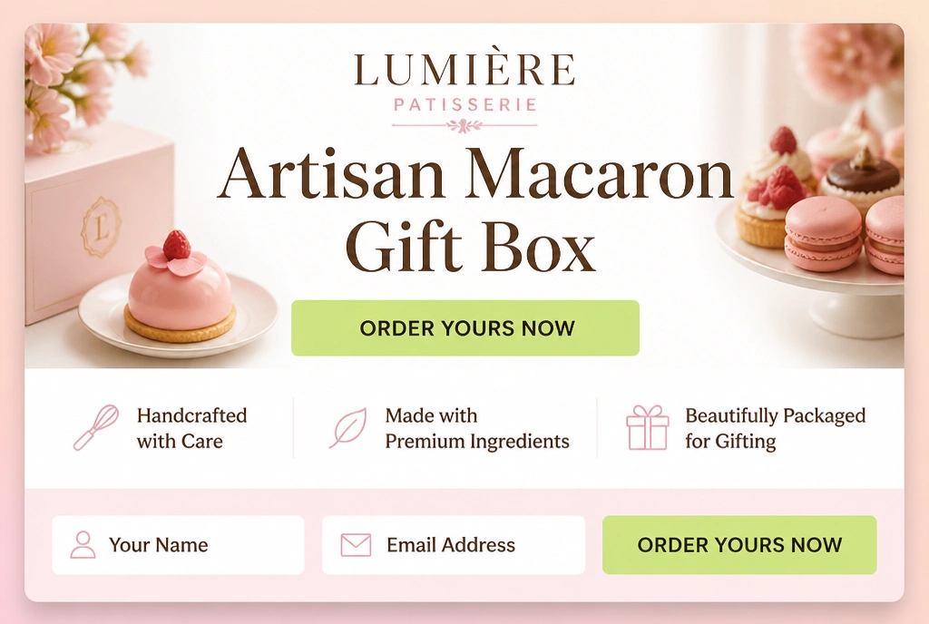 A one page patisserie website with one offer, three benefit lines and a single button