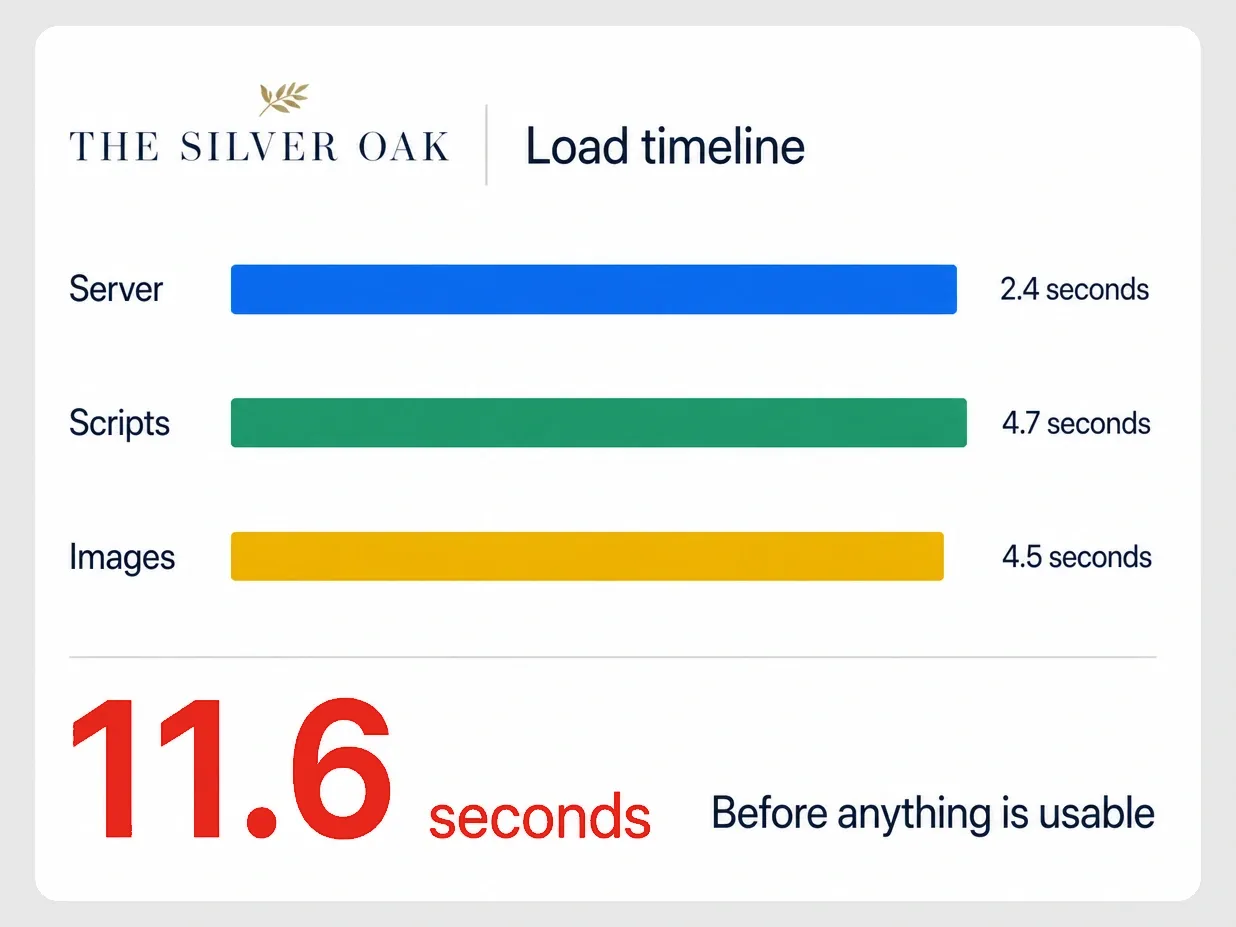 A restaurant load timeline reaching 11.6 seconds before anything is usable