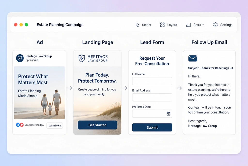 A four step law practice campaign path from advert to page to form to follow up email