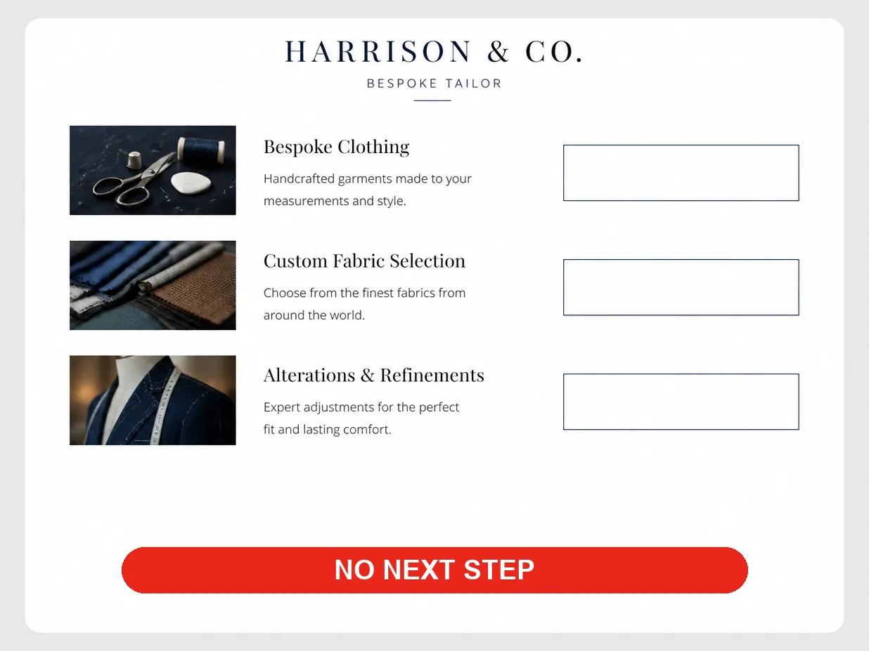 Three tailor services with empty space where the buttons belong