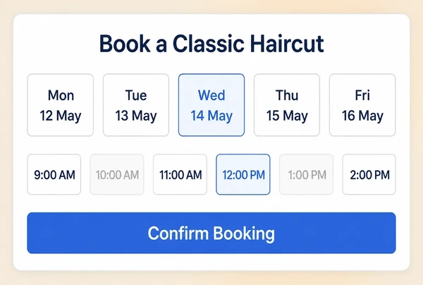 A booking screen on a barber shop website with days, time slots and a confirm button