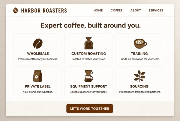 A coffee roastery website services page showing six service cards in a grid