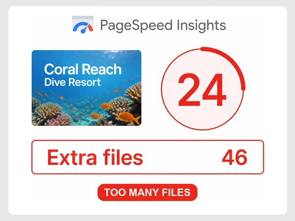 Coral Reach Dive Resort PageSpeed Insights report shows 46 extra files and a red score of 24.