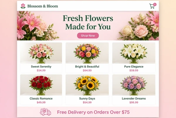 A florist online shop page showing six products with photographs and prices