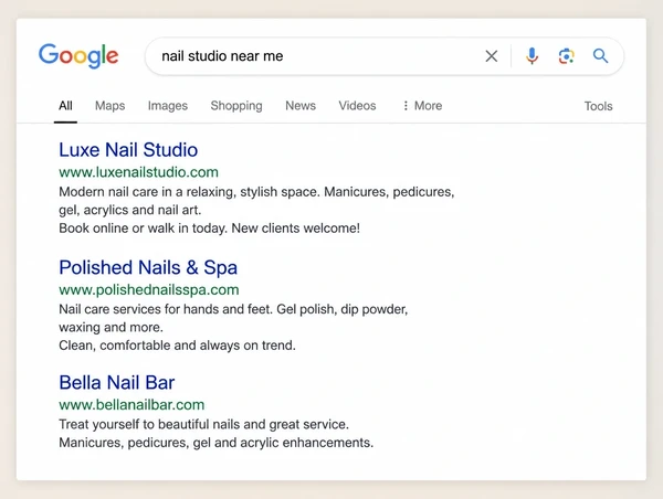 A Google results page where the first of three results is a nail studio website