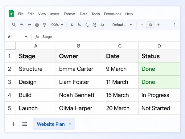 A Google Sheets build plan for a handbag brand website with four stages and their dates