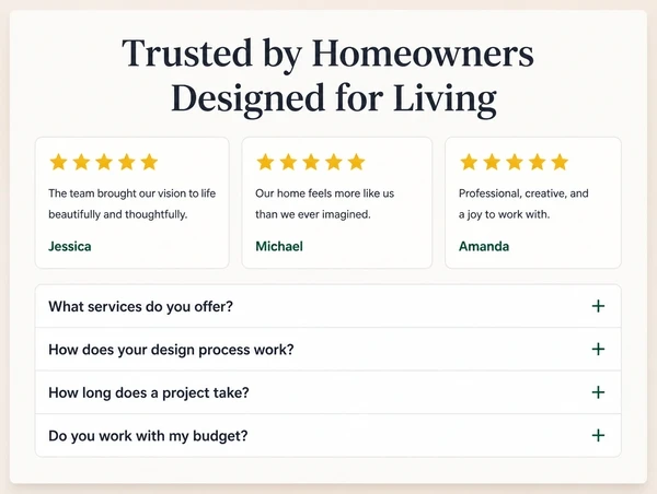 An interior design studio website section showing three customer reviews above a list of four questions