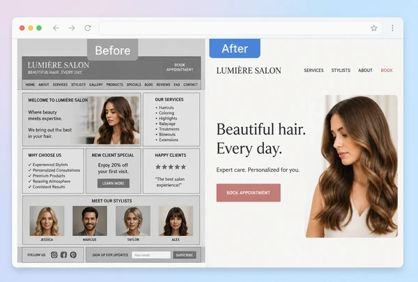 An old hair salon home page beside its rebuilt version, labelled before and after