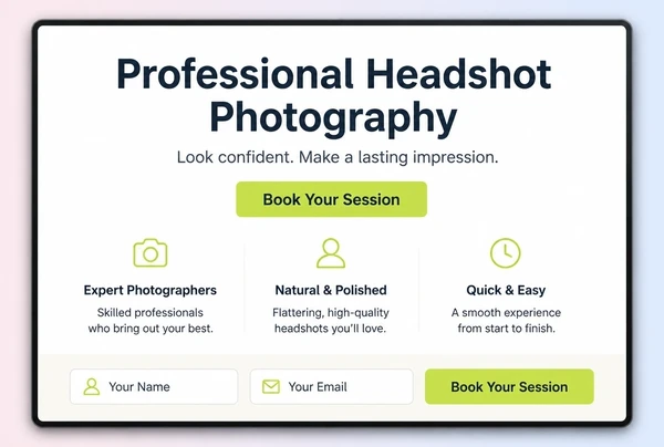 A one page photography studio website with one offer, three benefit lines and a single button