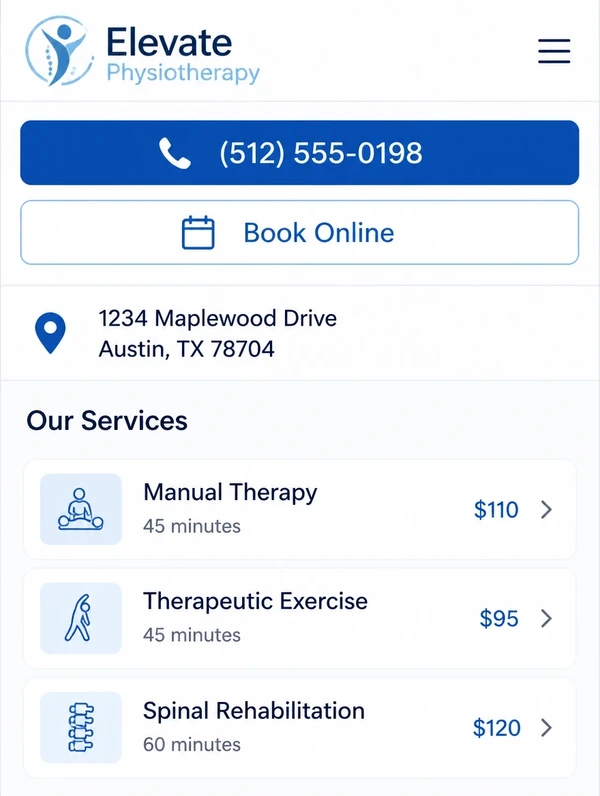 A physiotherapy clinic website on a phone with a call button and a book online link below it.
