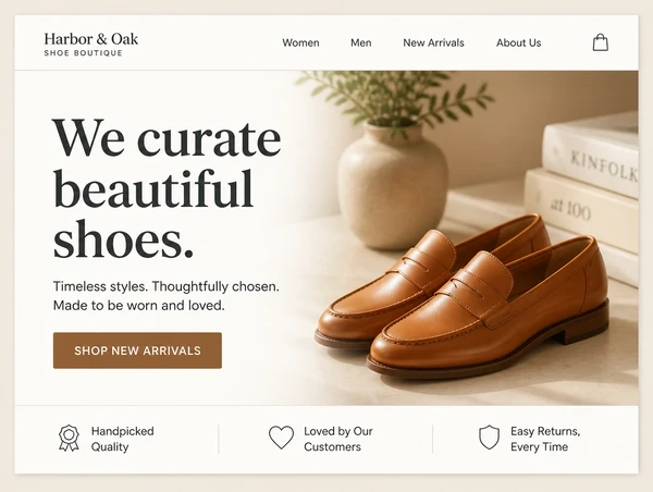 The top of a shoe boutique home page with a clear headline, one photograph and one button
