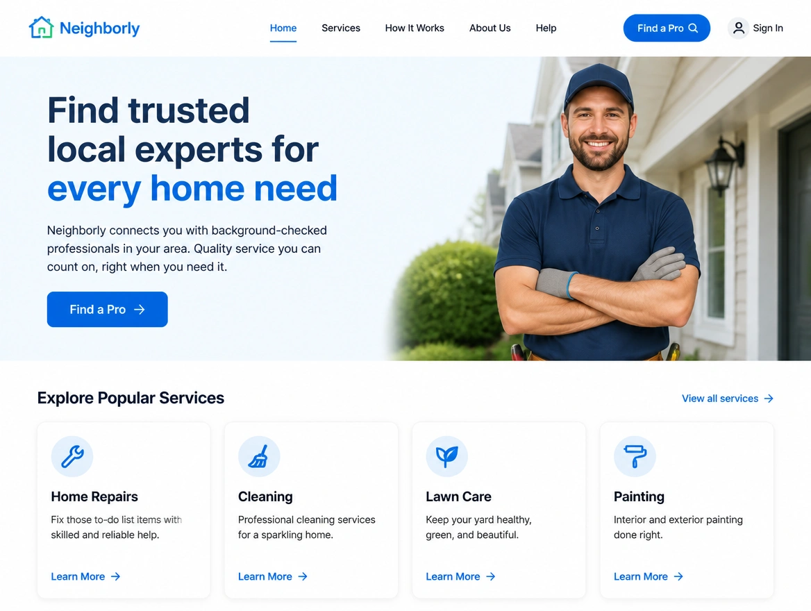 A local services website homepage with a tradesperson, service cards and a Find a Pro button