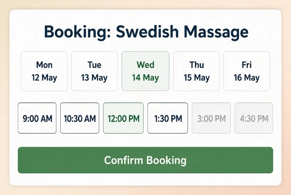 A booking screen on a day spa website with days, time slots and a confirm button
