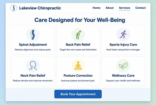 A chiropractic clinic website services page showing six service cards in a grid