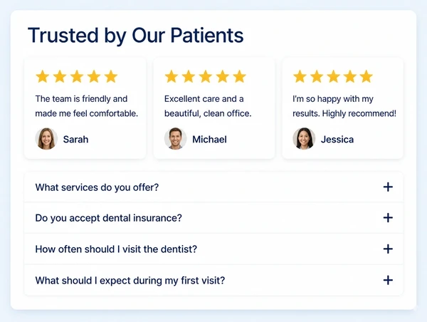 A dental practice website section showing three customer reviews above a list of four questions