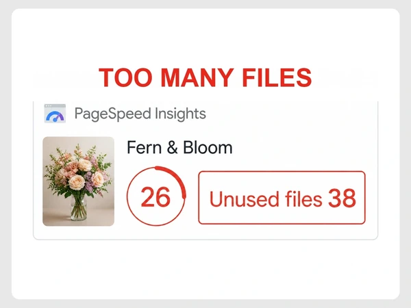 Fern & Bloom PageSpeed Insights report shows score 26 and 38 unused files under TOO MANY FILES.