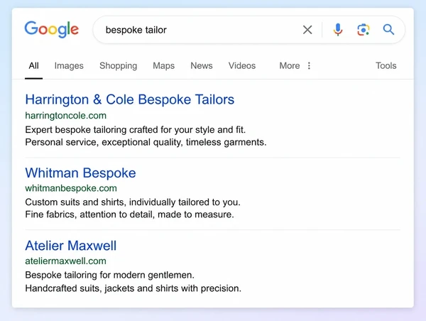A Google results page where the first of three results is a bespoke tailor website