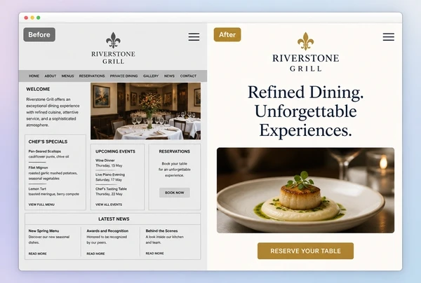 An old fine dining restaurant home page beside its rebuilt version, labelled before and after