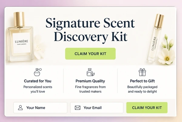 A one page perfumery website with one offer, three benefit lines and a single button