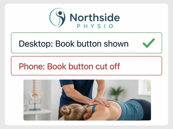Northside Physio report shows the Book button on desktop but cut off on the phone in red.