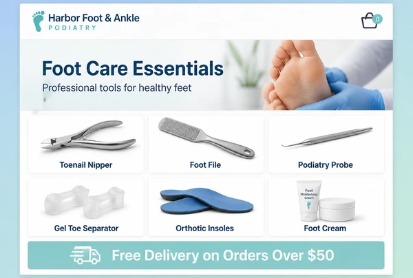 A podiatry practice online shop page showing six products with photographs