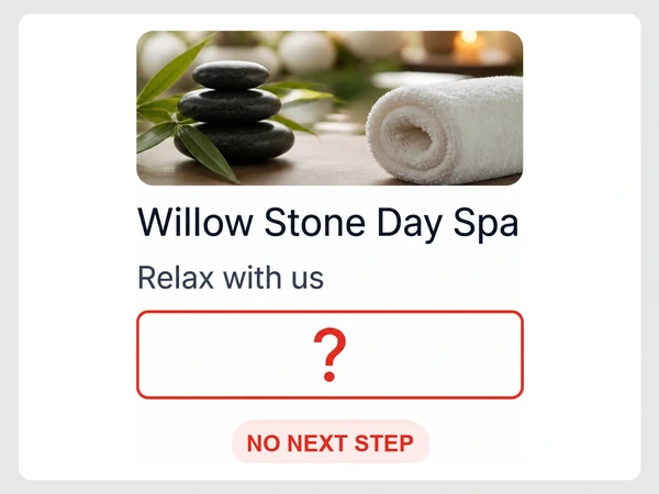Willow Stone Day Spa page ends after Relax with us above an empty area labeled NO NEXT STEP.