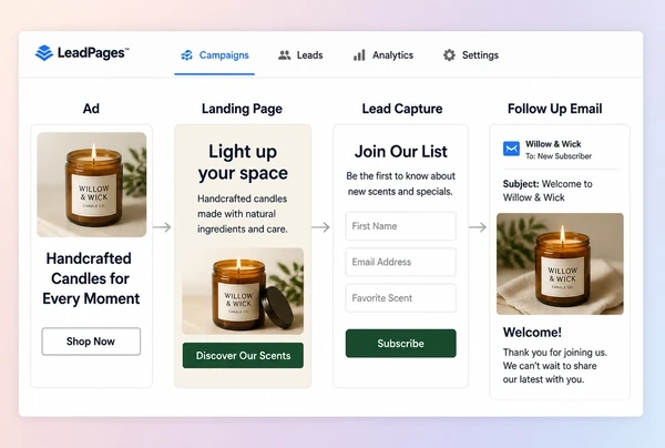 A four step candle maker campaign path from advert to page to form to follow up email