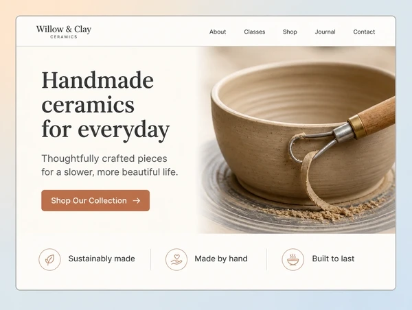 The top of a ceramics studio home page with a clear headline, one photograph and one button