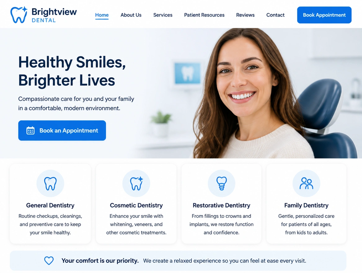 A dental clinic website with an appointment booking button