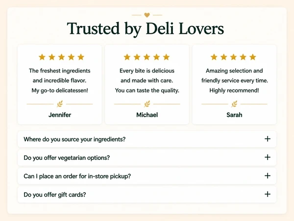 A delicatessen website section showing three customer reviews above a list of four questions