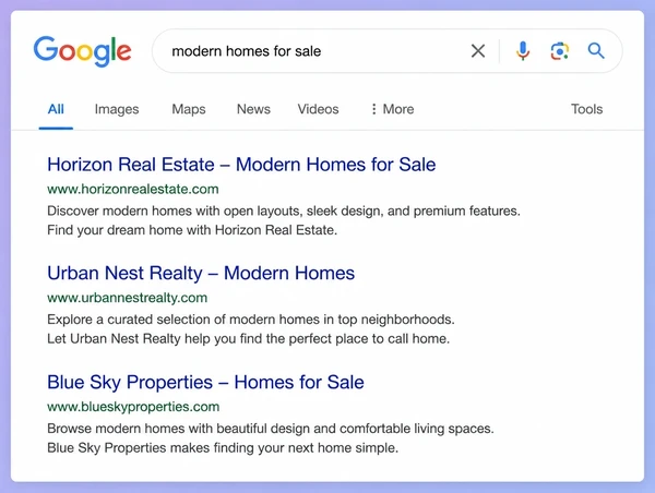 A Google results page where the first of three results is a real estate website