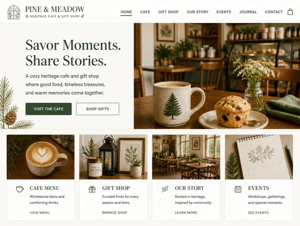 A heritage cafe and gift shop homepage with coffee, gifts, story and events cards