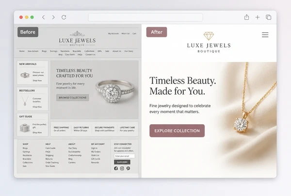 An old jewellery boutique home page beside its rebuilt version, labelled before and after