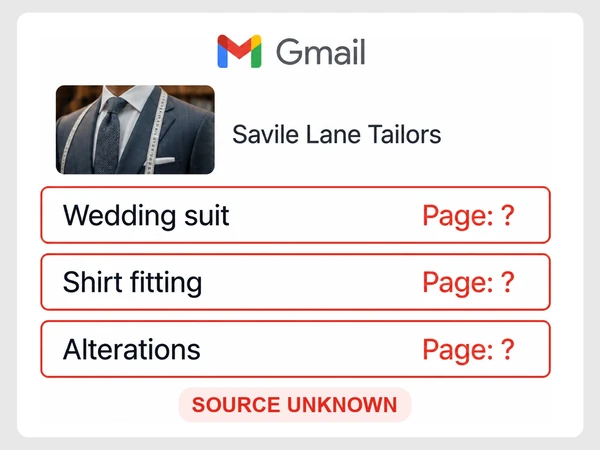 Savile Lane Tailors' Gmail inbox marks three tailoring emails with Page unknown.