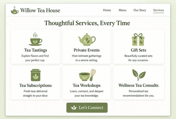 A tea house website services page showing six service cards in a grid