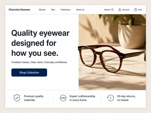 The top of a eyewear brand home page with a clear headline, one photograph and one button