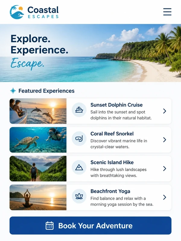 A tourism business website on a phone showing a booking button