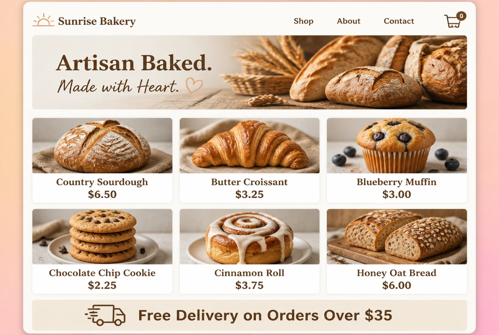 A artisan bakery online shop page showing six products with photographs and prices